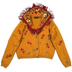 VINTAGE Carole Little 80%‎ Wool M Cardigan Fringe Embroidered Floral in Mustard